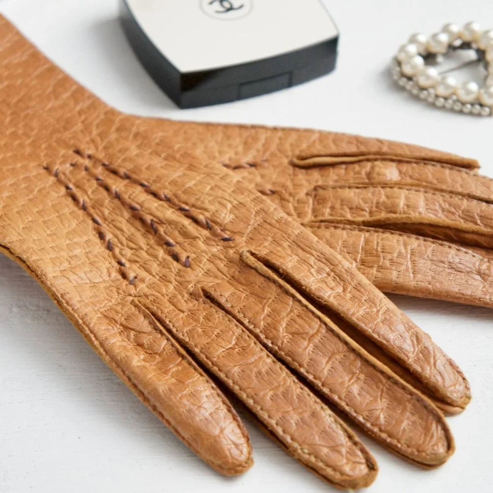 Vintage Cognac Tan Brown Leather Gloves Women's Size 6.5